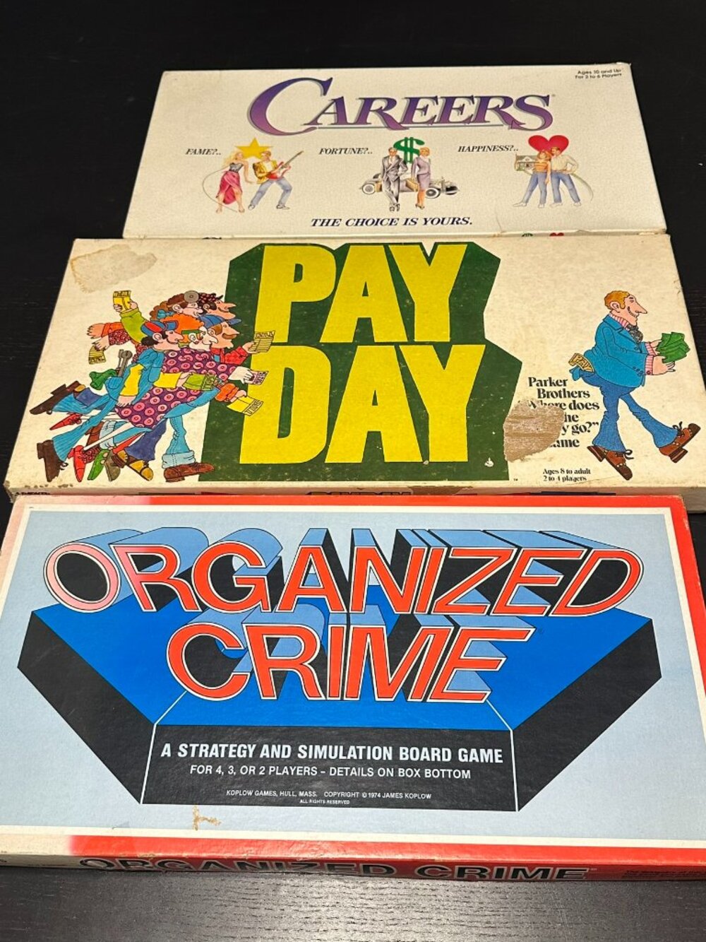 Vintage Board Game Lot (3) Careers 1992, Pay Day 1975 & Organized Crime 1974